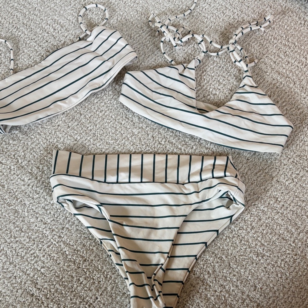 Stone Fox Swim Cream and Dark Green Striped Bikini Top